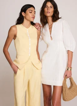 Clearance White Linen Puff Sleeve Mini Dress Summer Dresses|Mini Dresses
