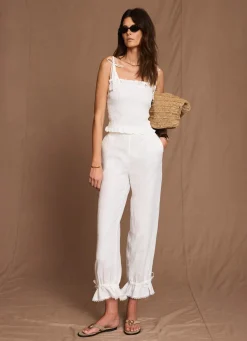 Clearance White Linen Ruffle Hem Cropped Trousers Trousers