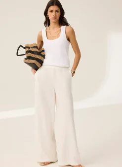Hot White Linen Scallop Trim Trousers Wide Leg Trousers|Trousers