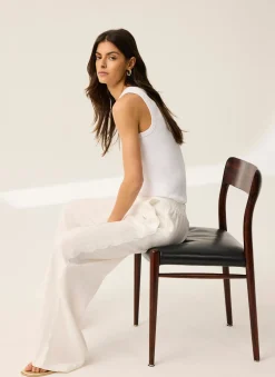 Hot White Linen Scallop Trim Trousers Wide Leg Trousers|Trousers