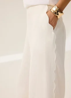 Hot White Linen Scallop Trim Trousers Wide Leg Trousers|Trousers