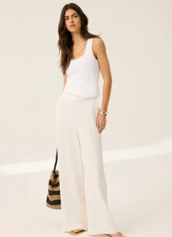 Hot White Linen Scallop Trim Trousers Wide Leg Trousers|Trousers