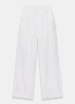Hot White Linen Scallop Trim Trousers Wide Leg Trousers|Trousers