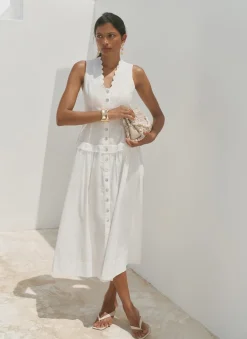 New White Ramie Drop Waist Midi Dress Summer Dresses|Midi Dresses