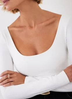 Sale White Scoop Neck Long Sleeve Top Essentials