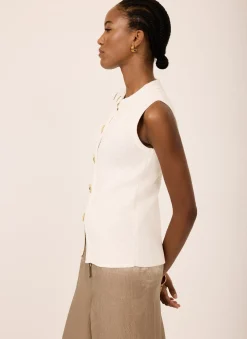 Hot White Sunray Button Knit Sleeveless Top Knitted Tops|Knitted Tops