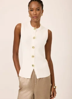 Hot White Sunray Button Knit Sleeveless Top Knitted Tops|Knitted Tops