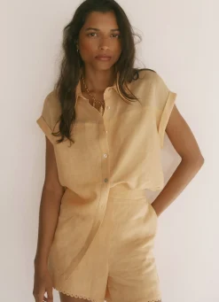Sale Linen Blend Sheer Panel Shirt Shirts & Blouses|All Tops