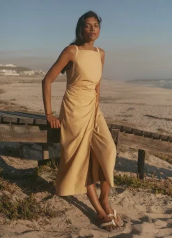 Sale Linen Blend Wrap Midi Dress Summer Dresses|Midi Dresses